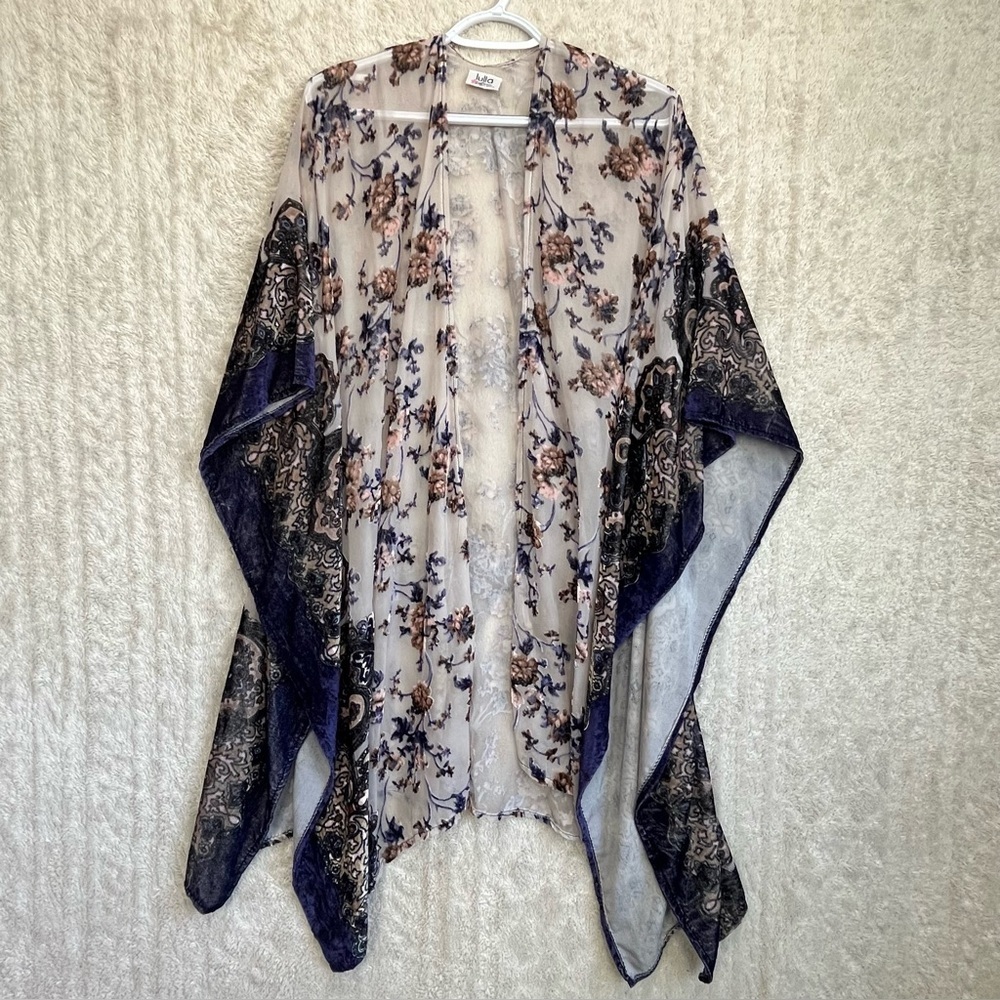 Lulla by Bindya Velvet Burnout Kimono One Size Purple Tan Cream Black